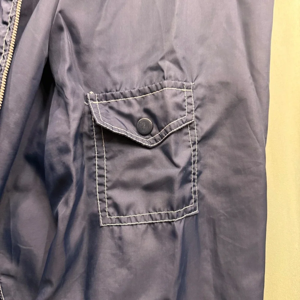 Vintage 70's Sears Blue Nylon Windbreaker Mens Large Full Zip Hooded Outerwear